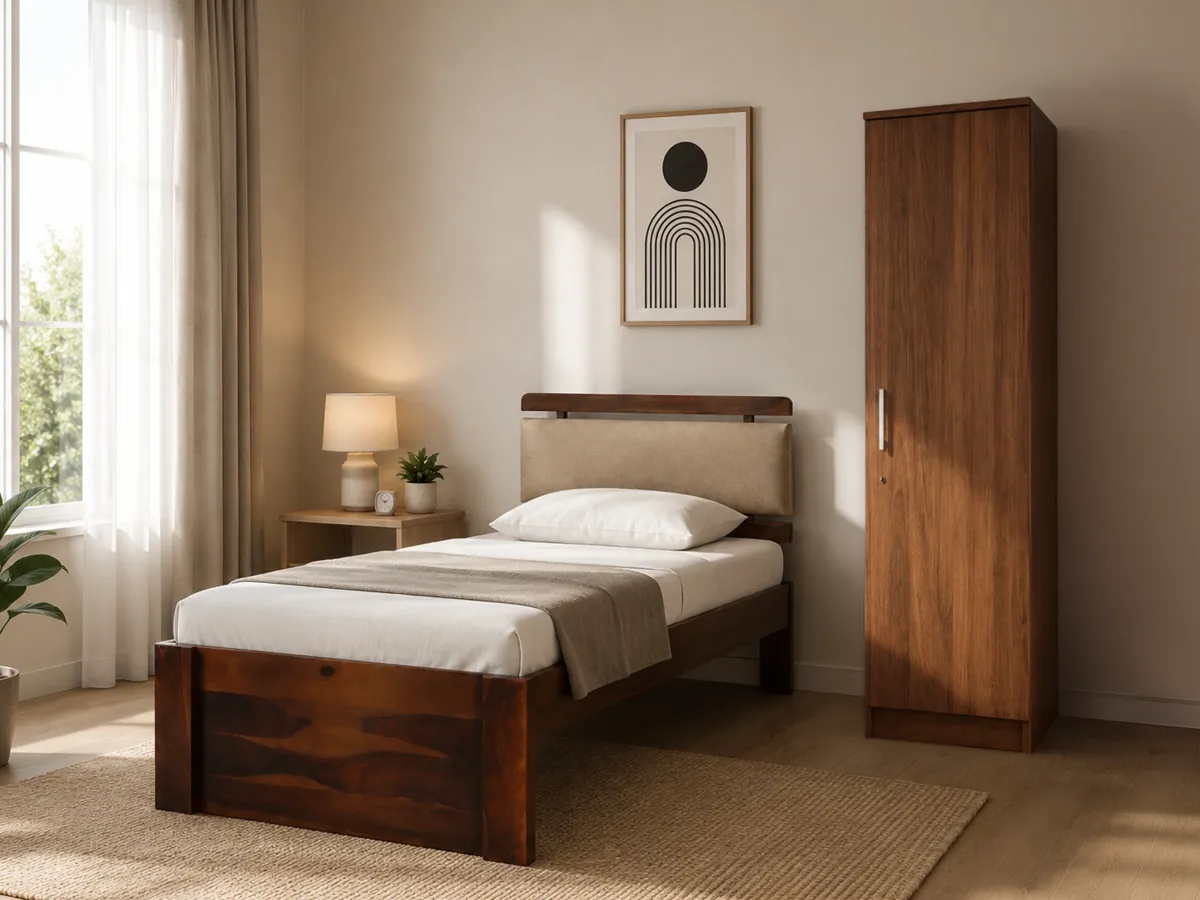 Belle Solid Wood Single Bed with 4 Inches Mattress Rio Engineered Wood Wardobe